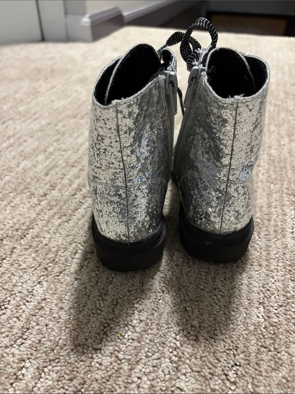 Girls' Jumping Beans Shimmer Silver Lace-Up Ankle Boots